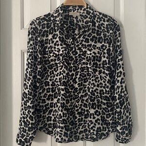 LOFT Leopard Print Button Down BLACK GREY Blouse/Shirt XSP
